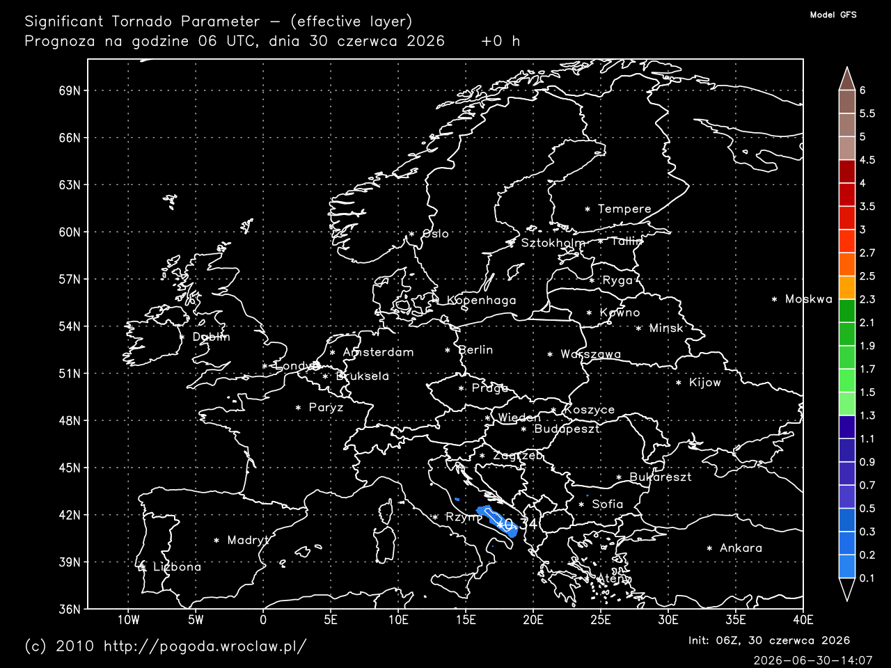 STP - Significant Tornado Parameter (effective layer) dla wybranej godziny prognozy