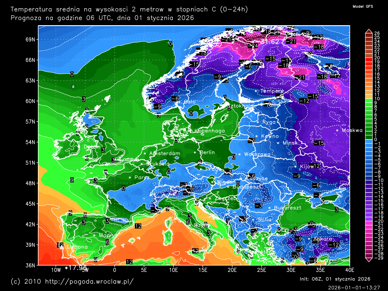 Dobowe temperatury średnie oraz w ciągu następnych 192 godzin w stopniach C