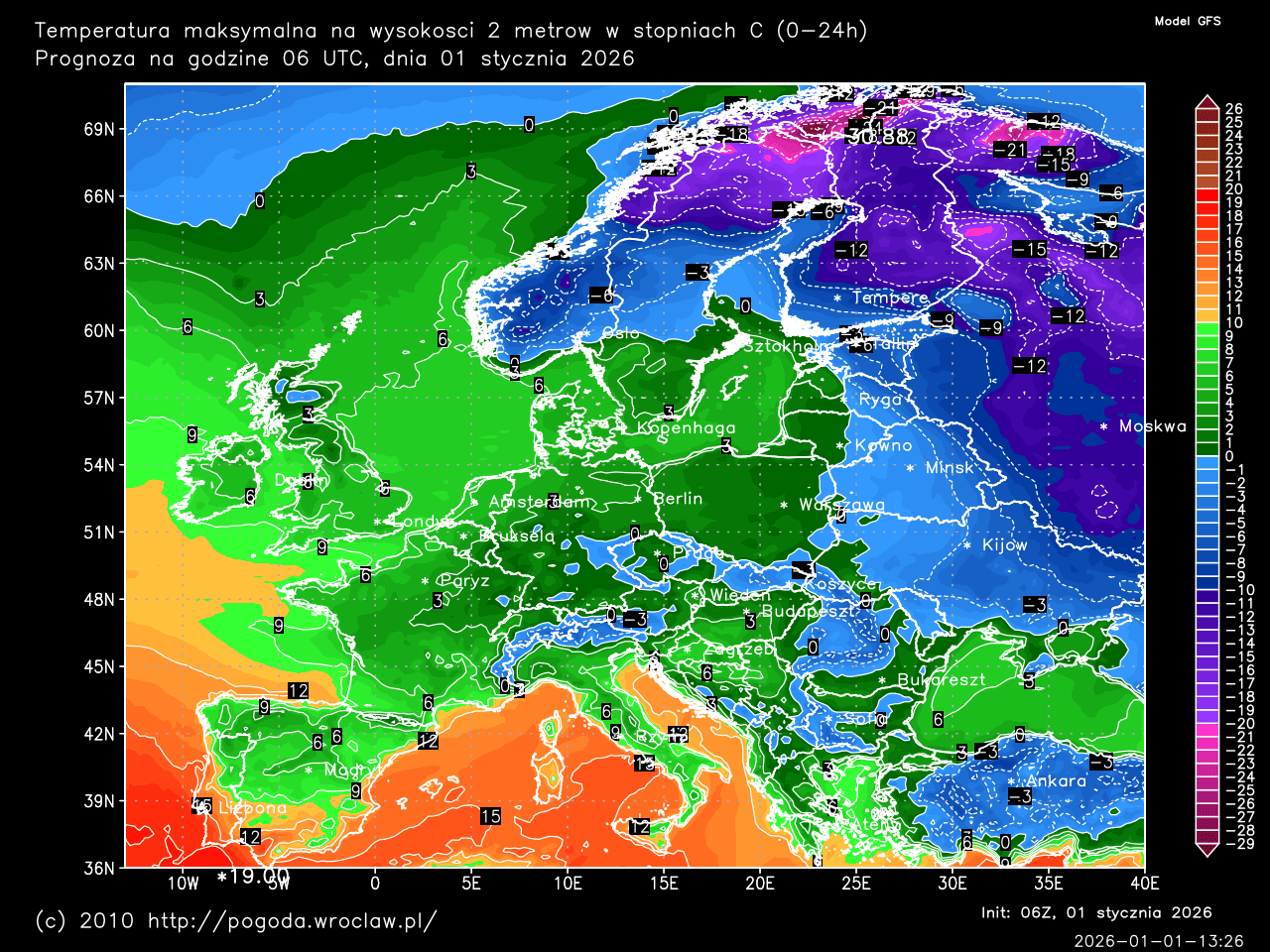Dobowe temperatury maksymalne oraz w ciągu następnych 192 godzin w stopniach C
