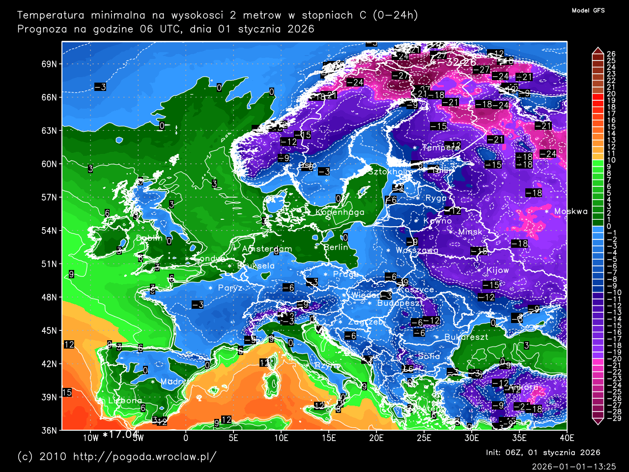 Dobowe temperatury minimalne oraz w ciągu następnych 192 godzin w stopniach C