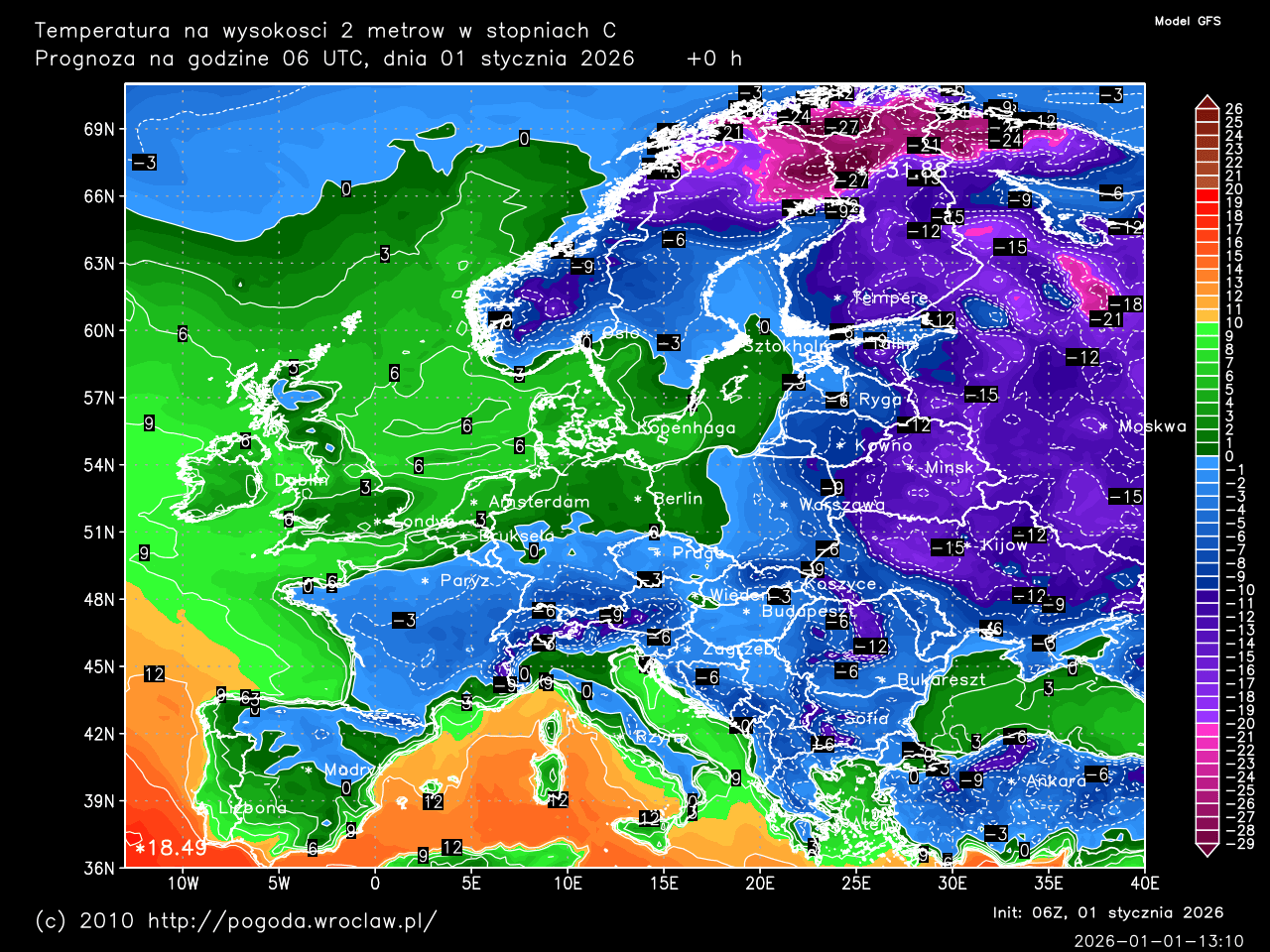 Temperatura powietrza na wysokości 2 metrów w stopniach Celsjusza dla wybranej godziny prognozy