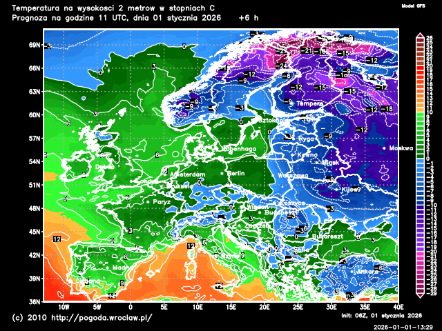 Aktualna temperatura powietrza na Dolnym Śląsku na poziomie 2 metrów w stopniach Celsjusza - model GFS