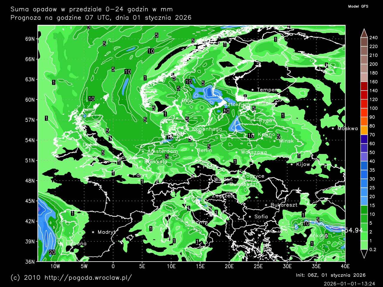 Dobowe sumy opadów oraz w ciągu następnych 240 godzin w mm