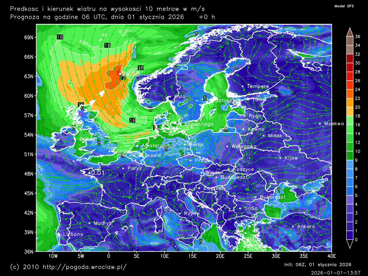 Prędkość i kierunek wiatru na wysokości 10 metrów w m/s dla wybranej godziny prognozy