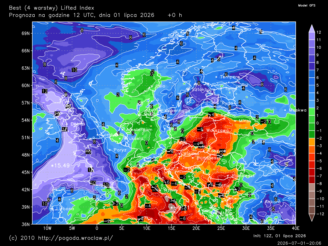 Best (4 warstwy) Lifted Index dla wybranej godziny prognozy
