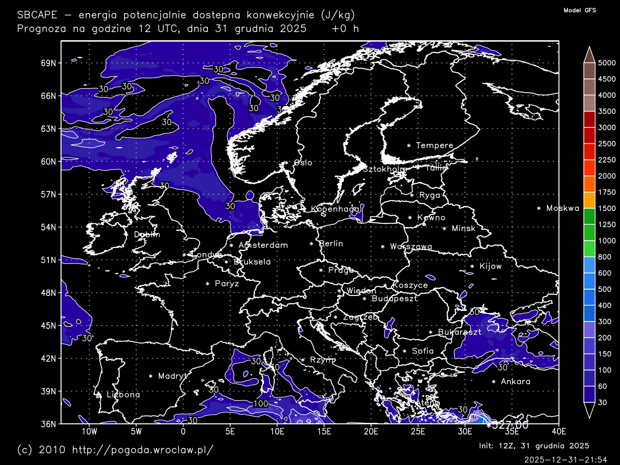 SBCAPE - energia potencjalnie dostępna konwekcyjnie dla wybranej godziny prognozy