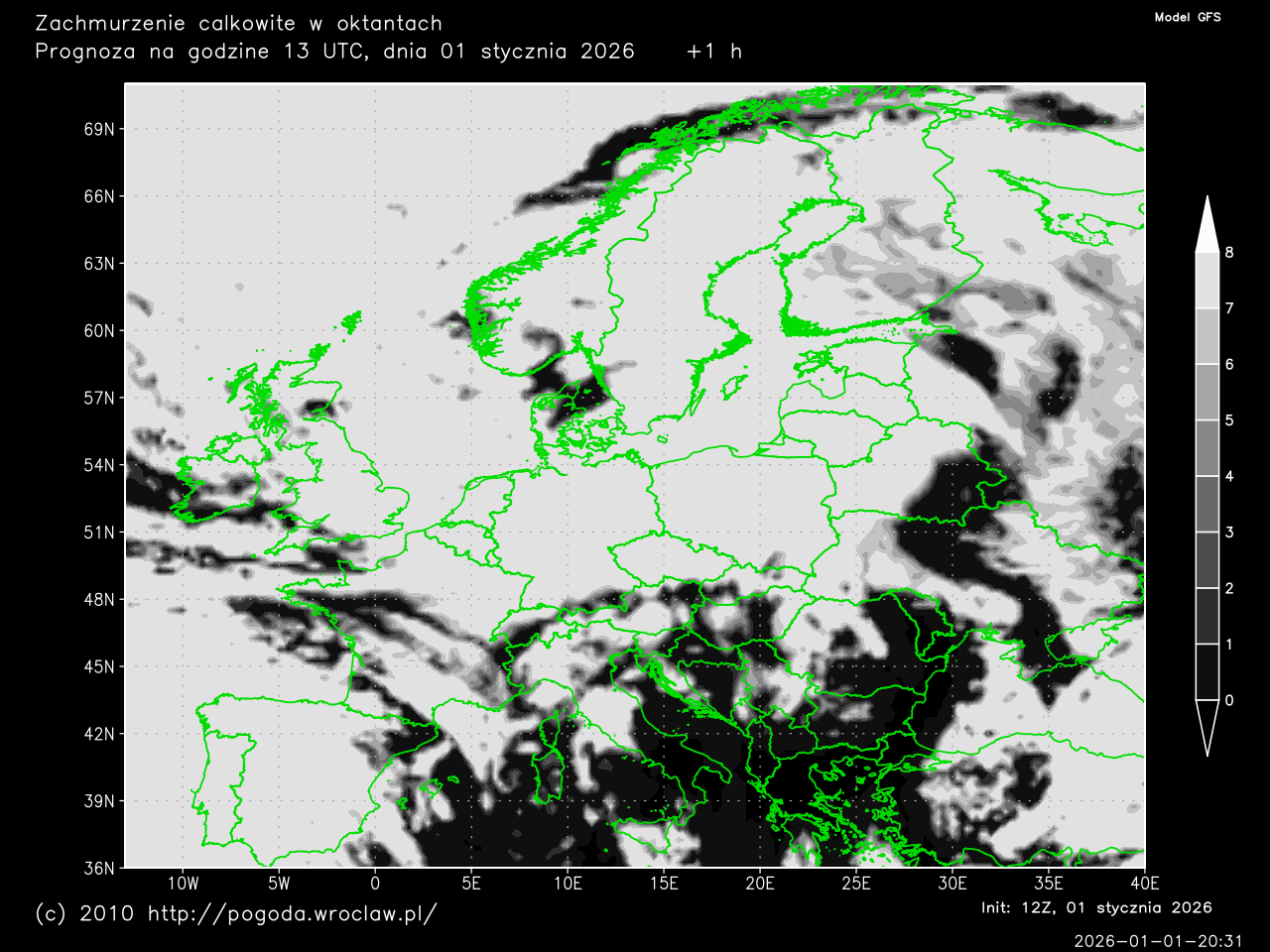 Zachmurzenie całkowite w oktantach w zależności od wybranej godziny prognozy