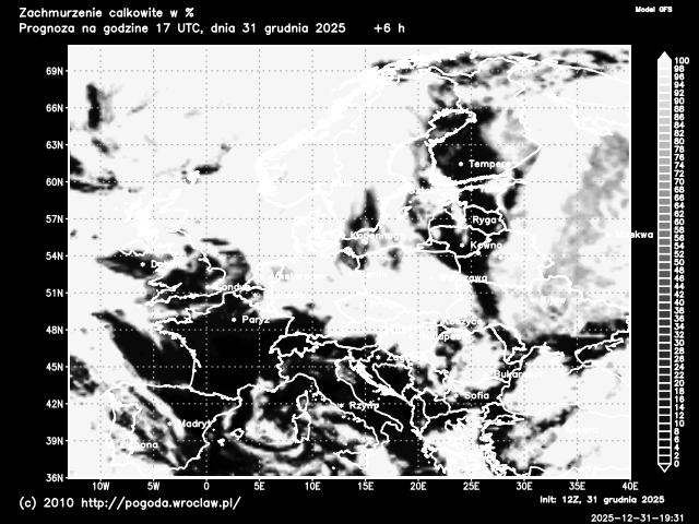 Aktualne zachmurzenie całkowite na Dolnym Śląsku w procentach - model GFS