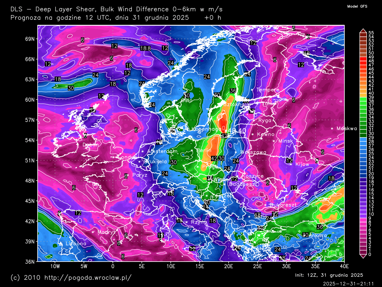 DLS - Deep Layer Shear, Bulk Wind Difference 0-6 km w m/s dla wybranej godziny prognozy