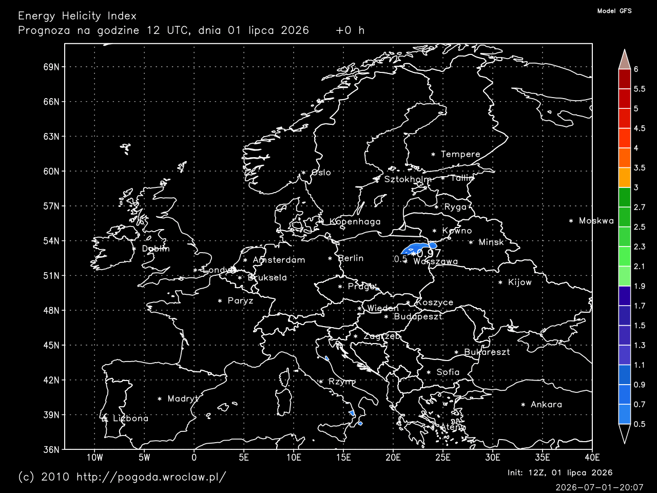 Energy Helicity Index dla wybranej godziny prognozy