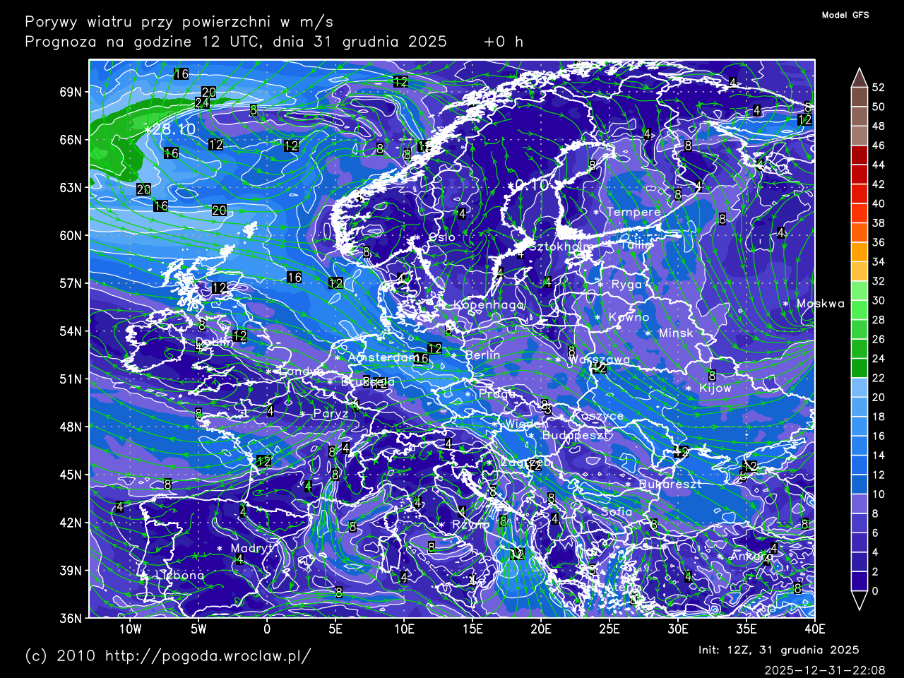 Porywy wiatru przy powierzchni w m/s dla wybranej godziny prognozy