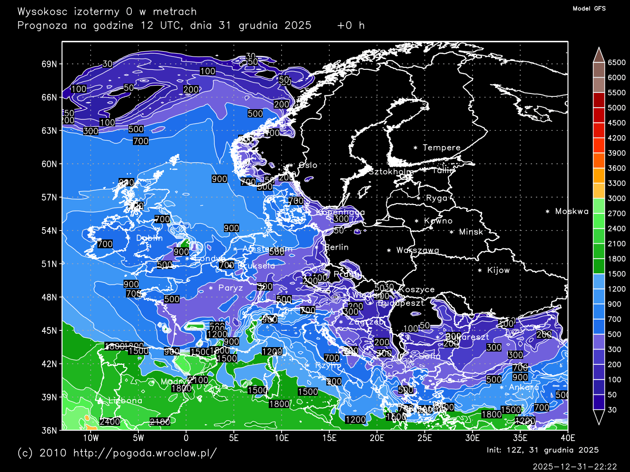 Wysokość izotermy 0 w metrach dla wybranej godziny prognozy