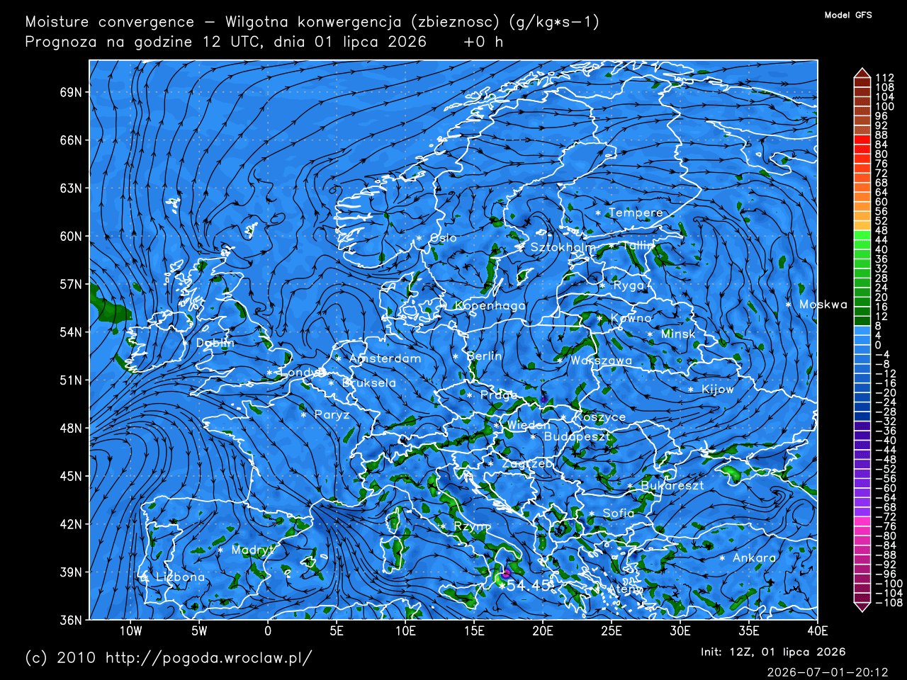 Moisture convergence - dla wybranej godziny prognozy