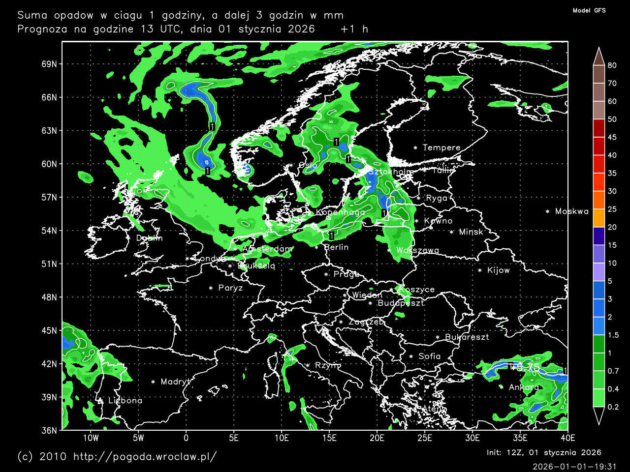 Suma opadów w mm dla wybranej godziny prognozy