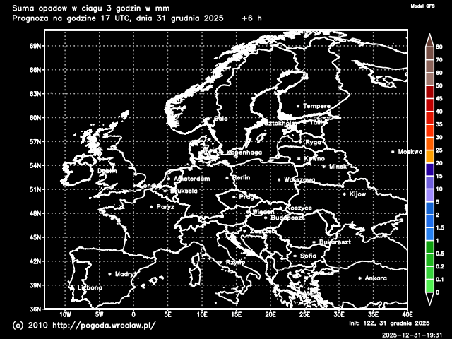 Aktualna suma opadów atmosferycznych w ciągu 3 godzin na Dolnym Śląsku w mm - model GFS