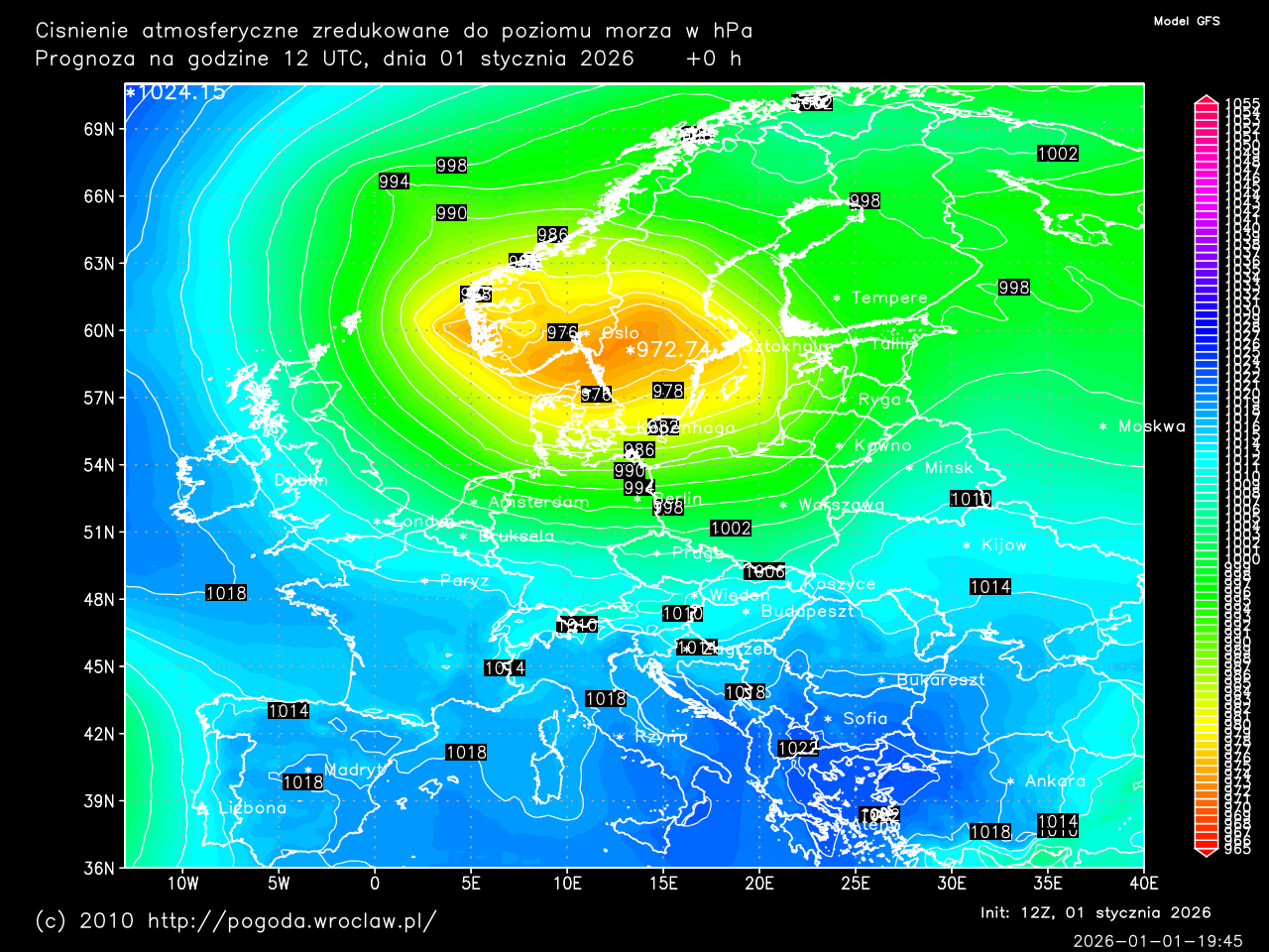 Ciśnienie atmosferyczne w hPa dla wybranej godziny prognozy