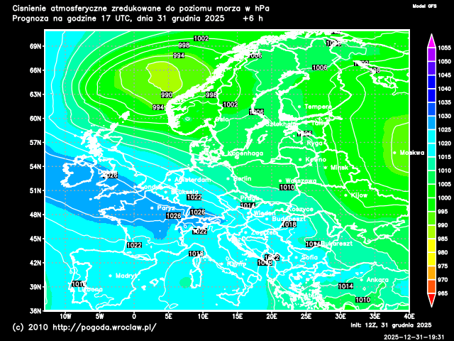 Aktualne ciśnienie powietrza atmosferycznego na Dolnym Śląsku w hPa - model GFS