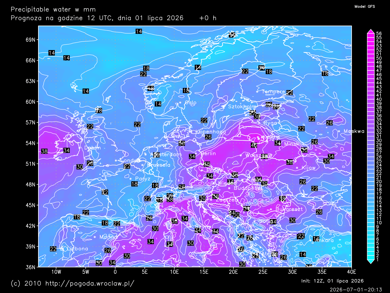 Precipitable water dla wybranej godziny prognozy