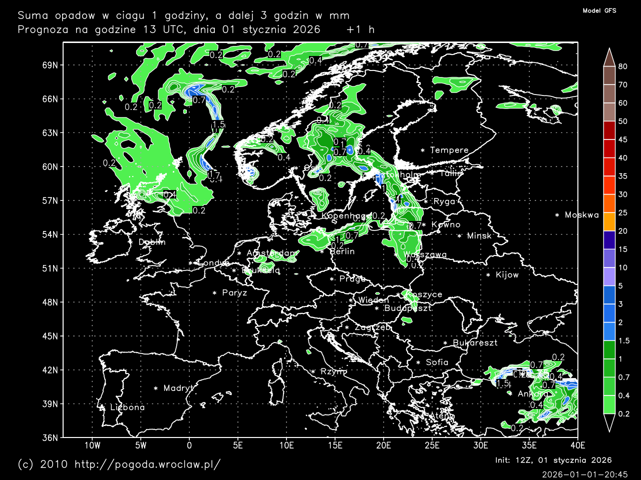 Suma opadów śniegu w ciągu wybranej godziny prognozy w mm