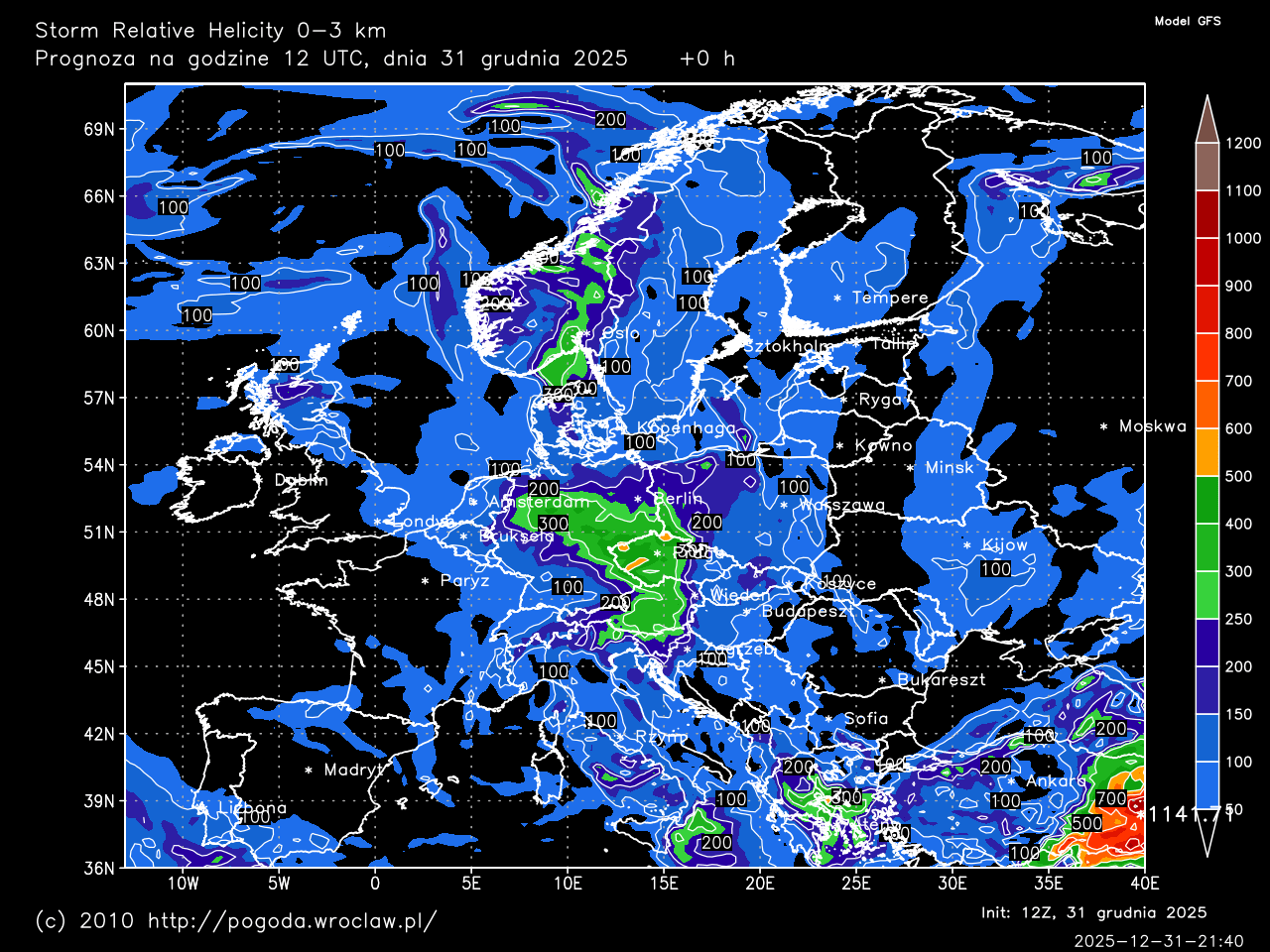 Storm Relative Helicity 0-3 km dla wybranej godziny prognozy