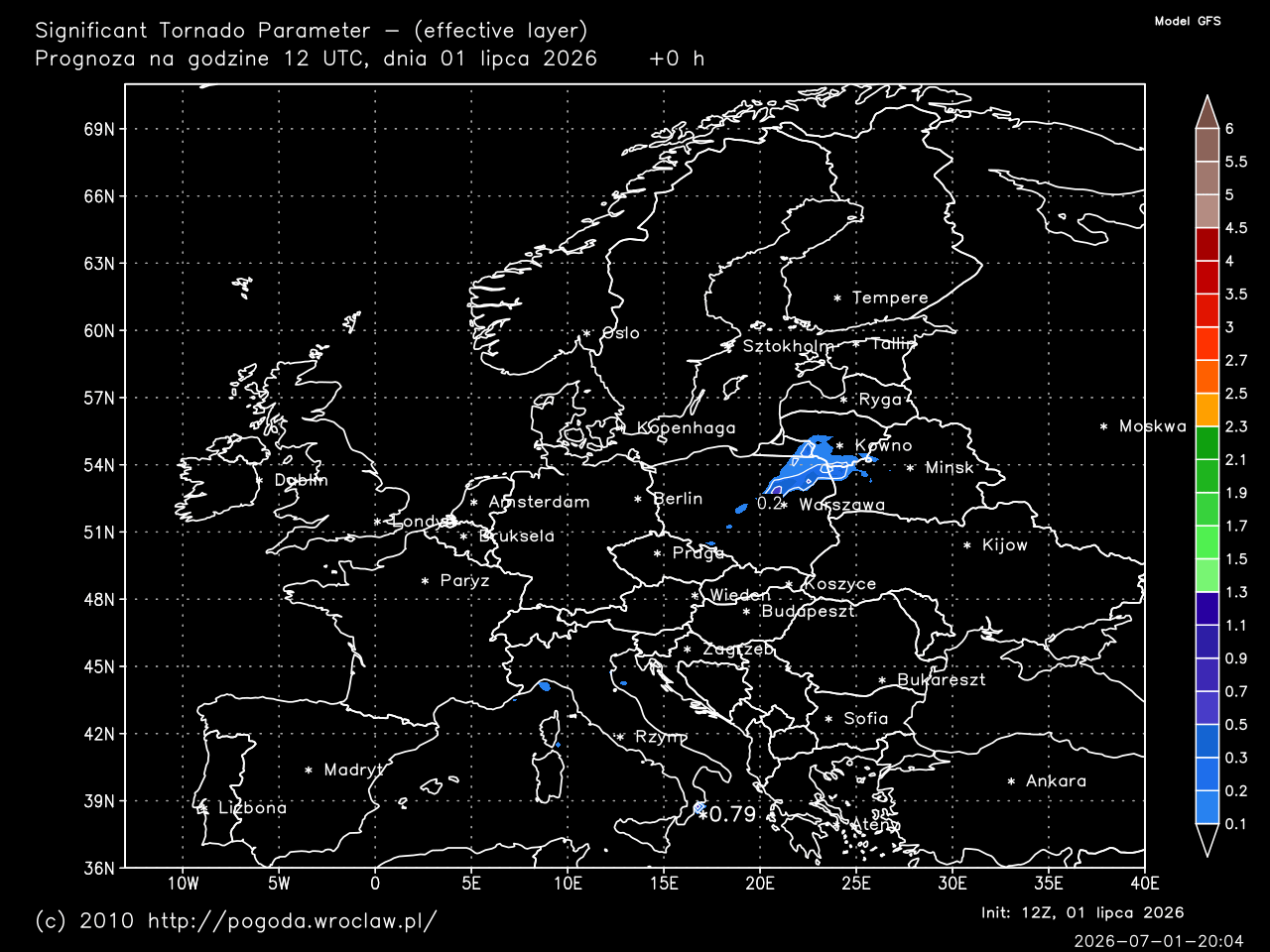 STP - Significant Tornado Parameter (effective layer) dla wybranej godziny prognozy