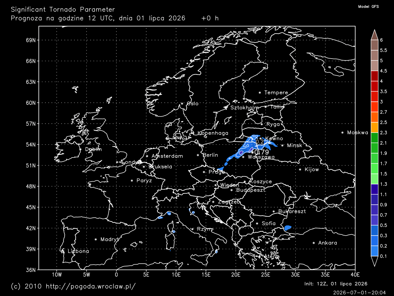 STP - Significant Tornado Parameter dla wybranej godziny prognozy