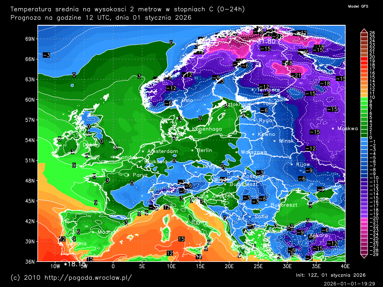 Dobowe temperatury średnie oraz w ciągu następnych 192 godzin w stopniach C