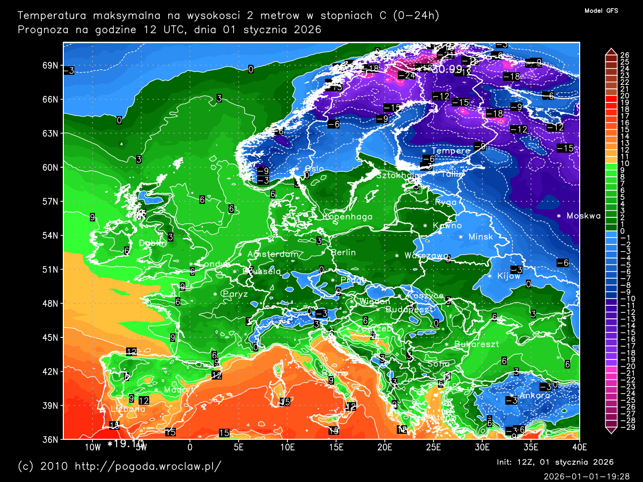 Dobowe temperatury maksymalne oraz w ciągu następnych 192 godzin w stopniach C