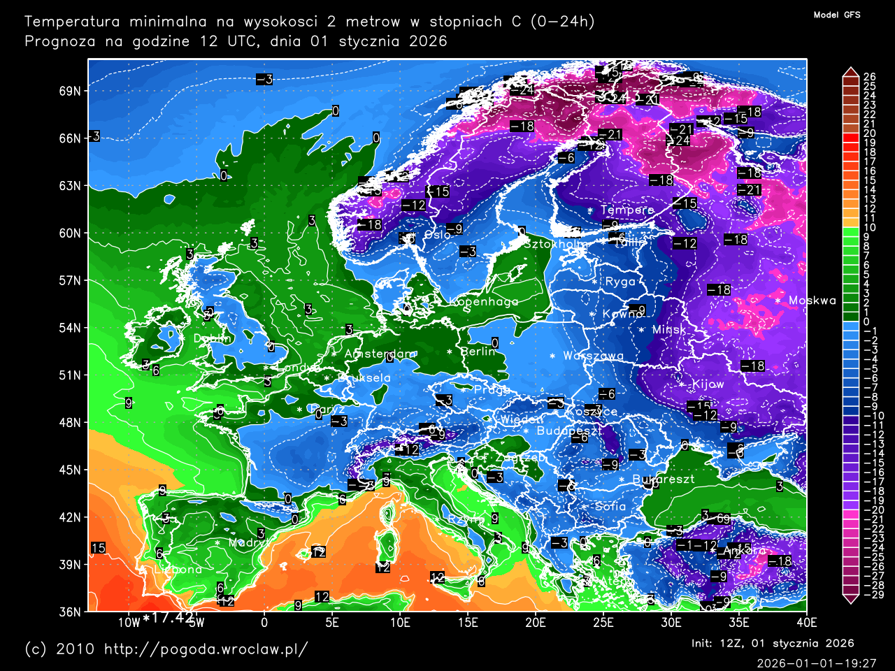 Dobowe temperatury minimalne oraz w ciągu następnych 192 godzin w stopniach C