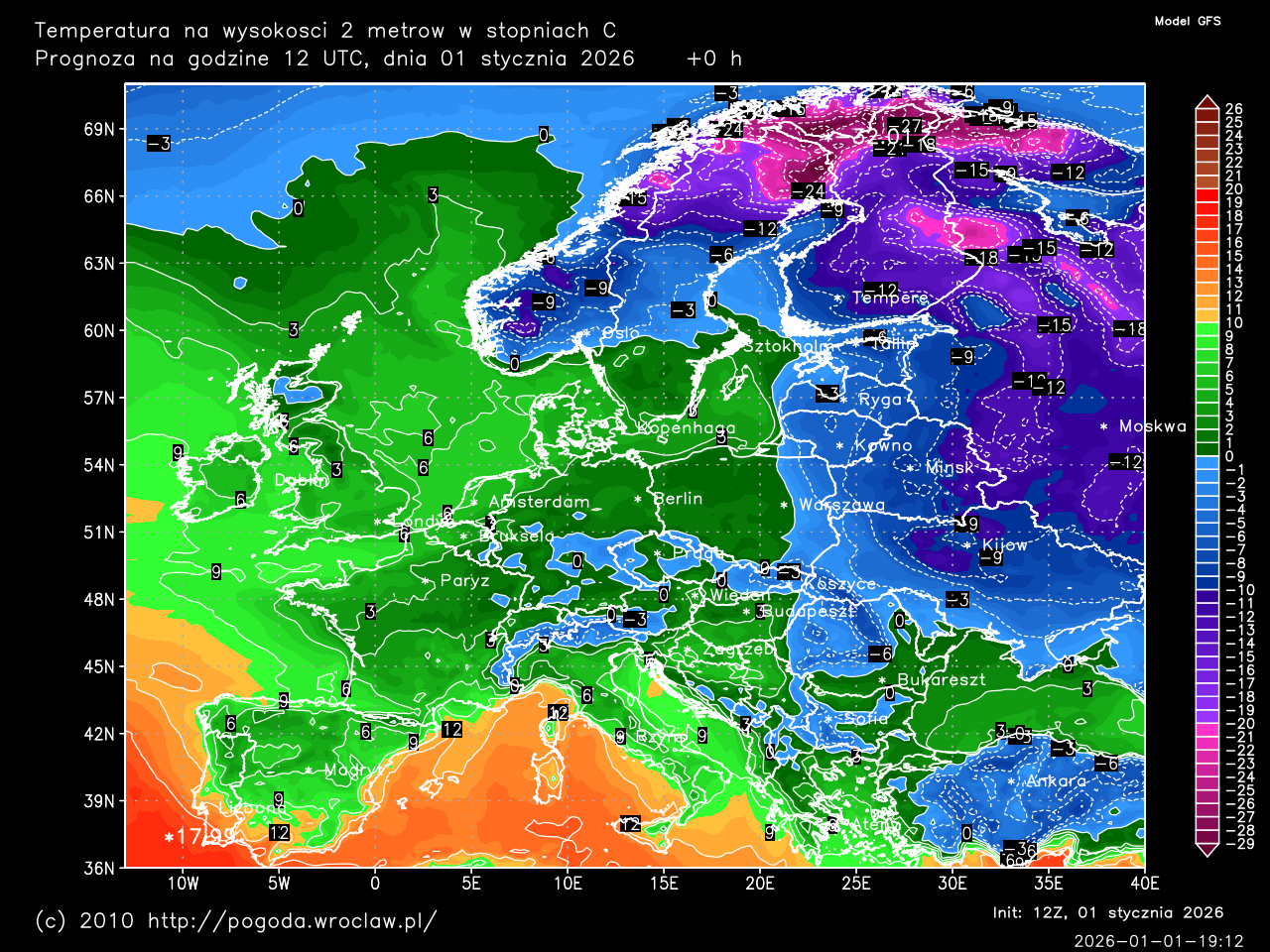 Temperatura powietrza na wysokości 2 metrów w stopniach Celsjusza dla wybranej godziny prognozy