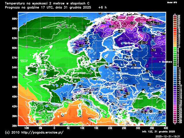 Aktualna temperatura powietrza na Dolnym Śląsku na poziomie 2 metrów w stopniach Celsjusza - model GFS