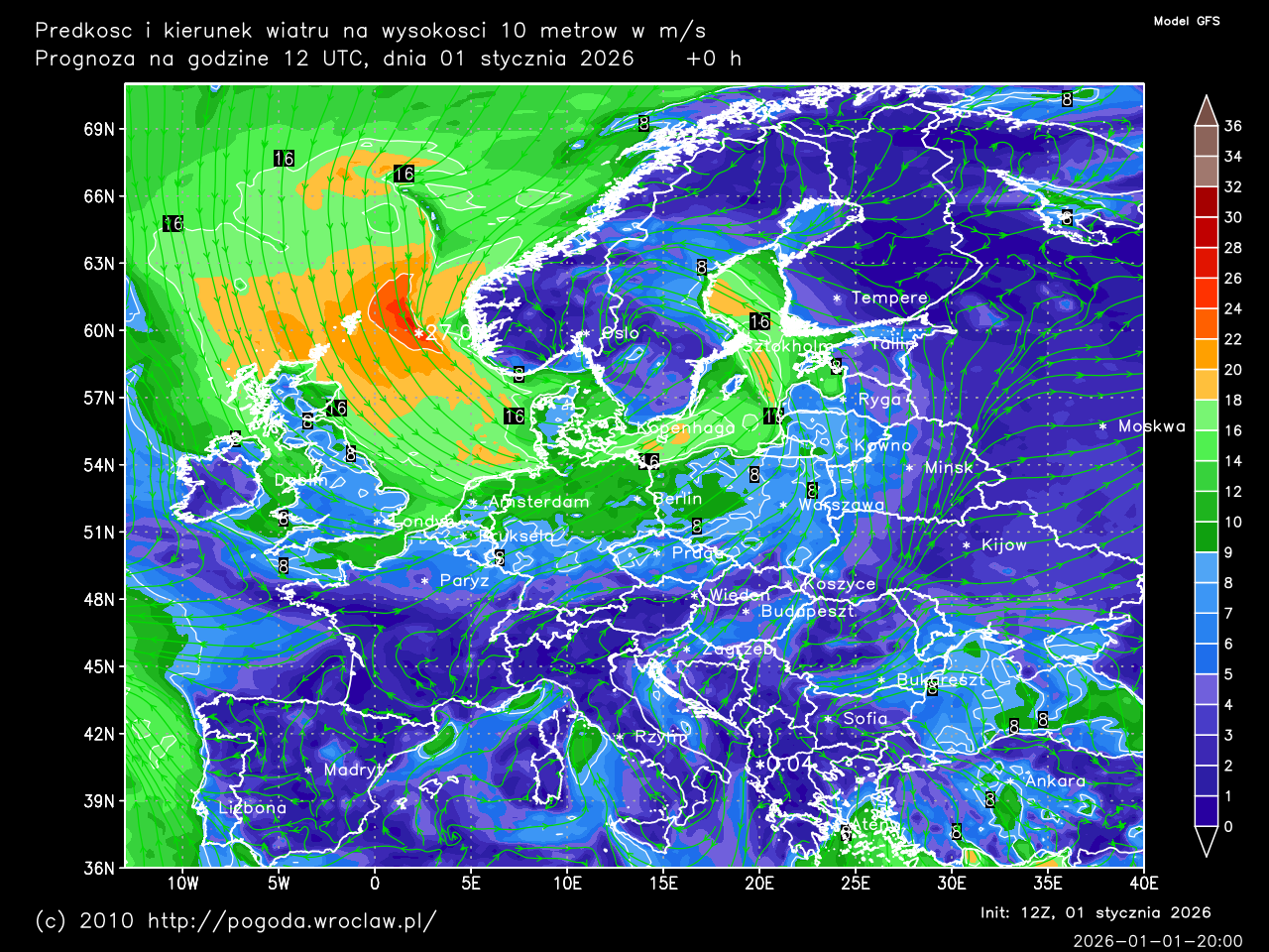 Prędkość i kierunek wiatru na wysokości 10 metrów w m/s dla wybranej godziny prognozy