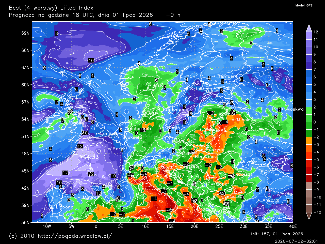 Best (4 warstwy) Lifted Index dla wybranej godziny prognozy