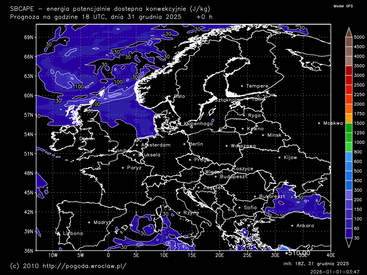 SBCAPE - energia potencjalnie dostępna konwekcyjnie dla wybranej godziny prognozy