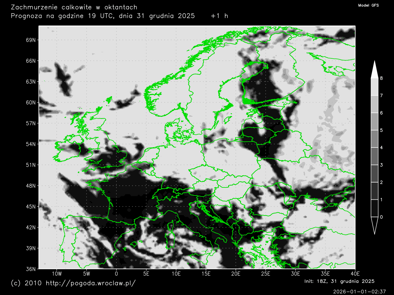 Zachmurzenie całkowite w oktantach w zależności od wybranej godziny prognozy