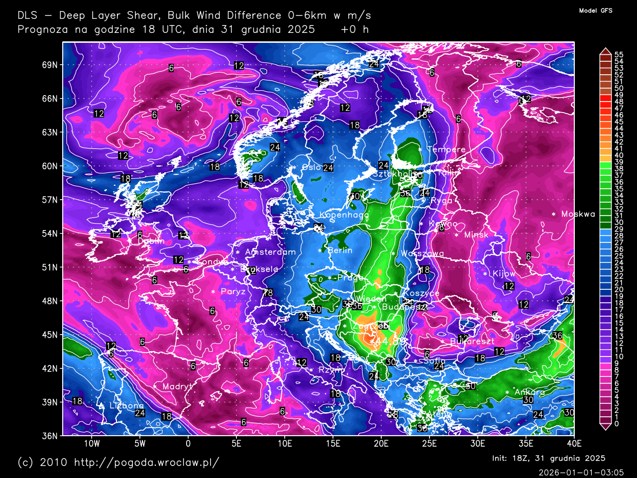 DLS - Deep Layer Shear, Bulk Wind Difference 0-6 km w m/s dla wybranej godziny prognozy