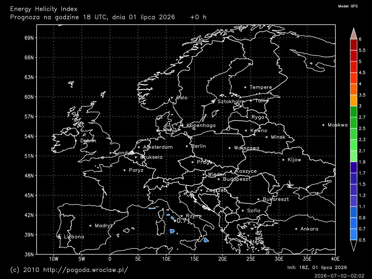 Energy Helicity Index dla wybranej godziny prognozy