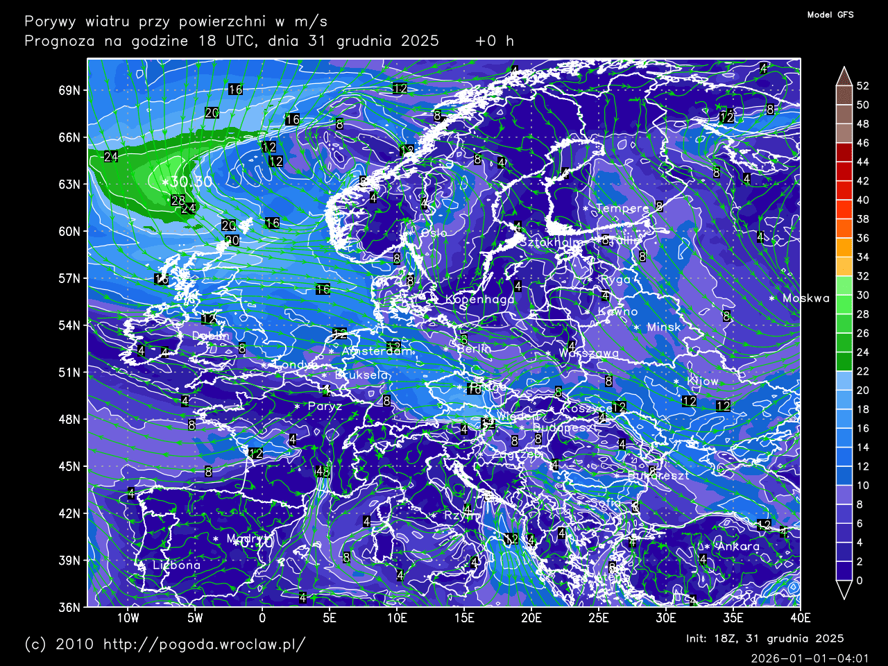 Porywy wiatru przy powierzchni w m/s dla wybranej godziny prognozy