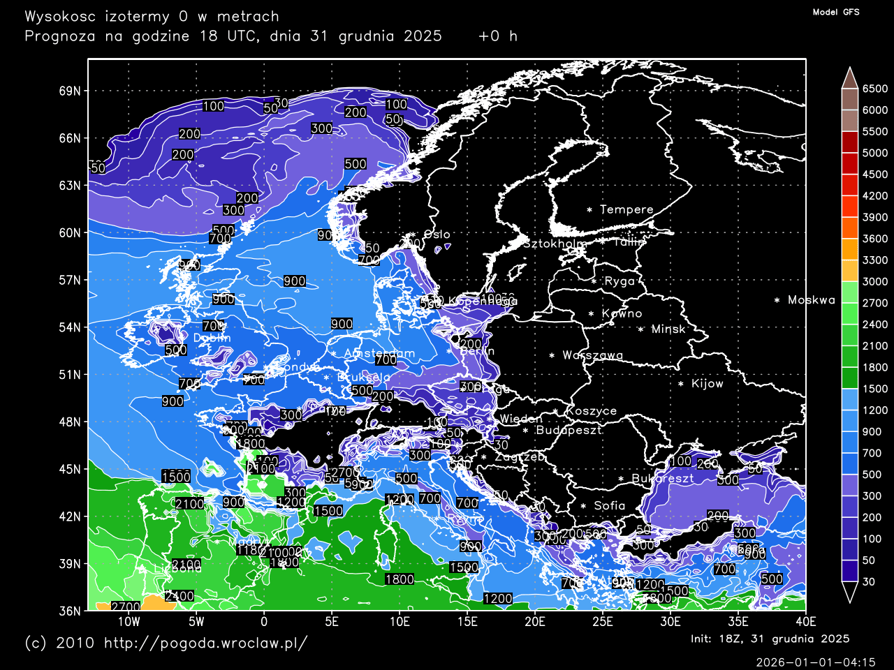 Wysokość izotermy 0 w metrach dla wybranej godziny prognozy