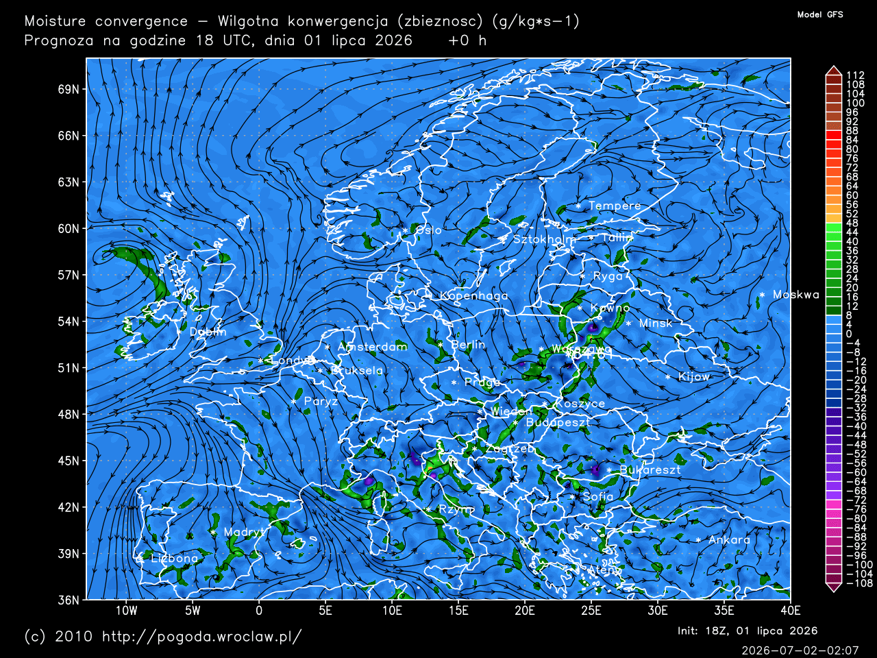 Moisture convergence - dla wybranej godziny prognozy