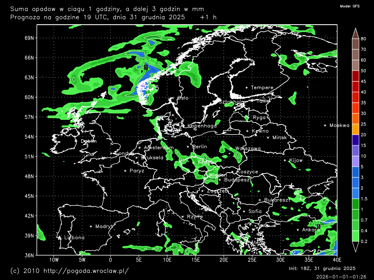 Suma opadów w mm dla wybranej godziny prognozy