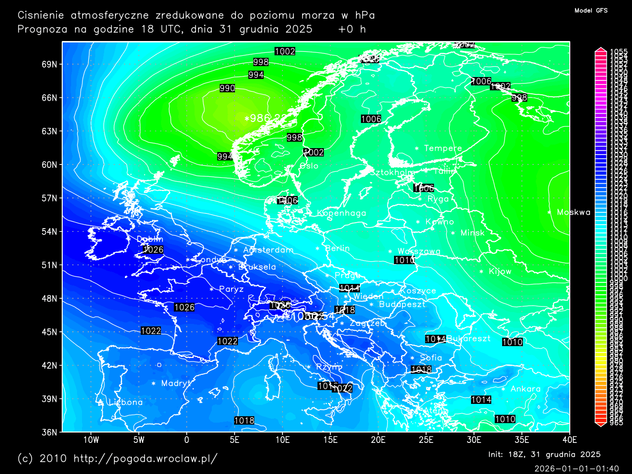 Ciśnienie atmosferyczne w hPa dla wybranej godziny prognozy