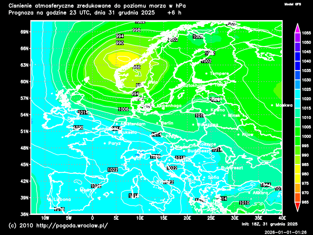 Aktualne ciśnienie powietrza atmosferycznego na Dolnym Śląsku w hPa - model GFS
