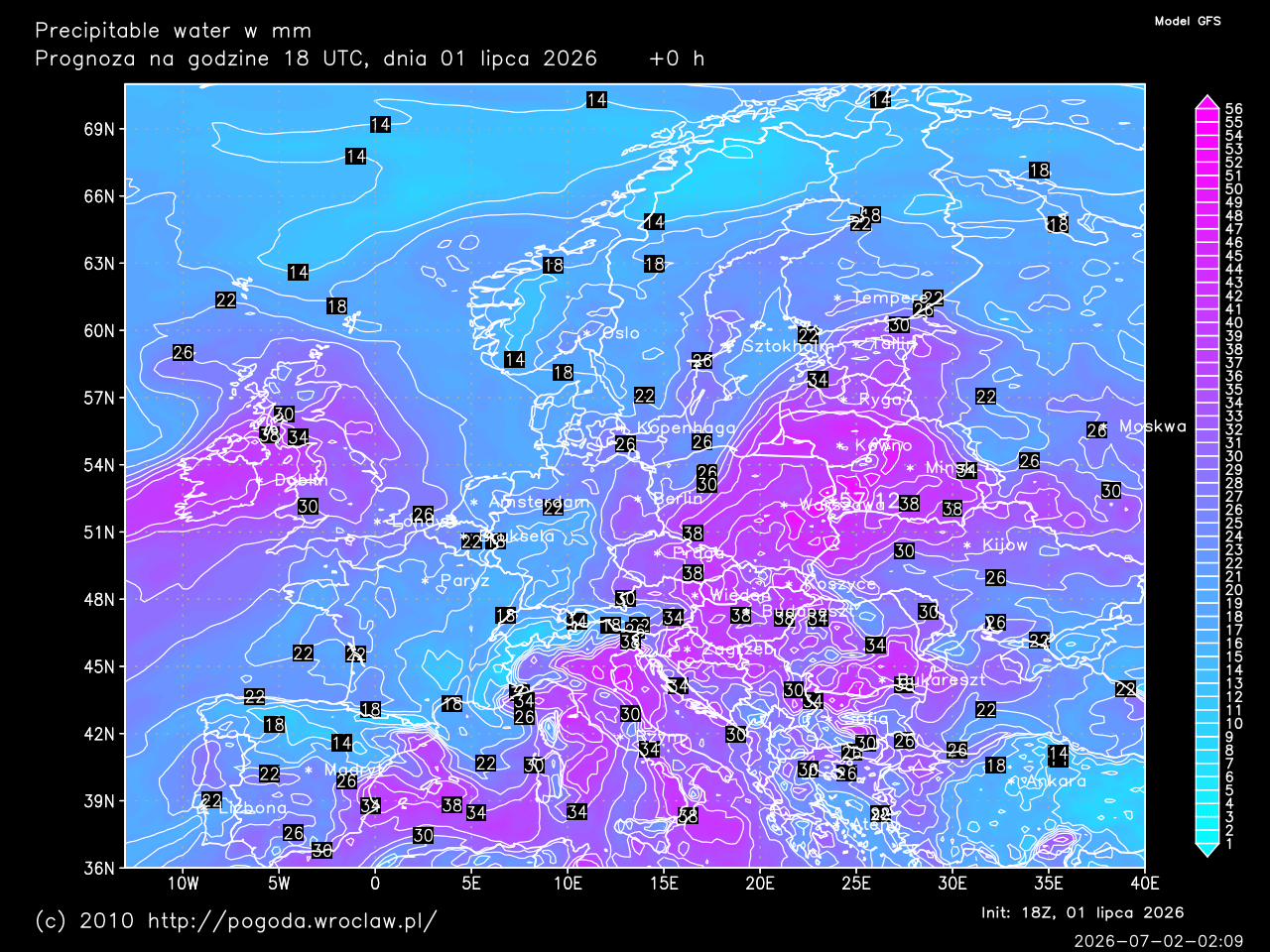 Precipitable water dla wybranej godziny prognozy