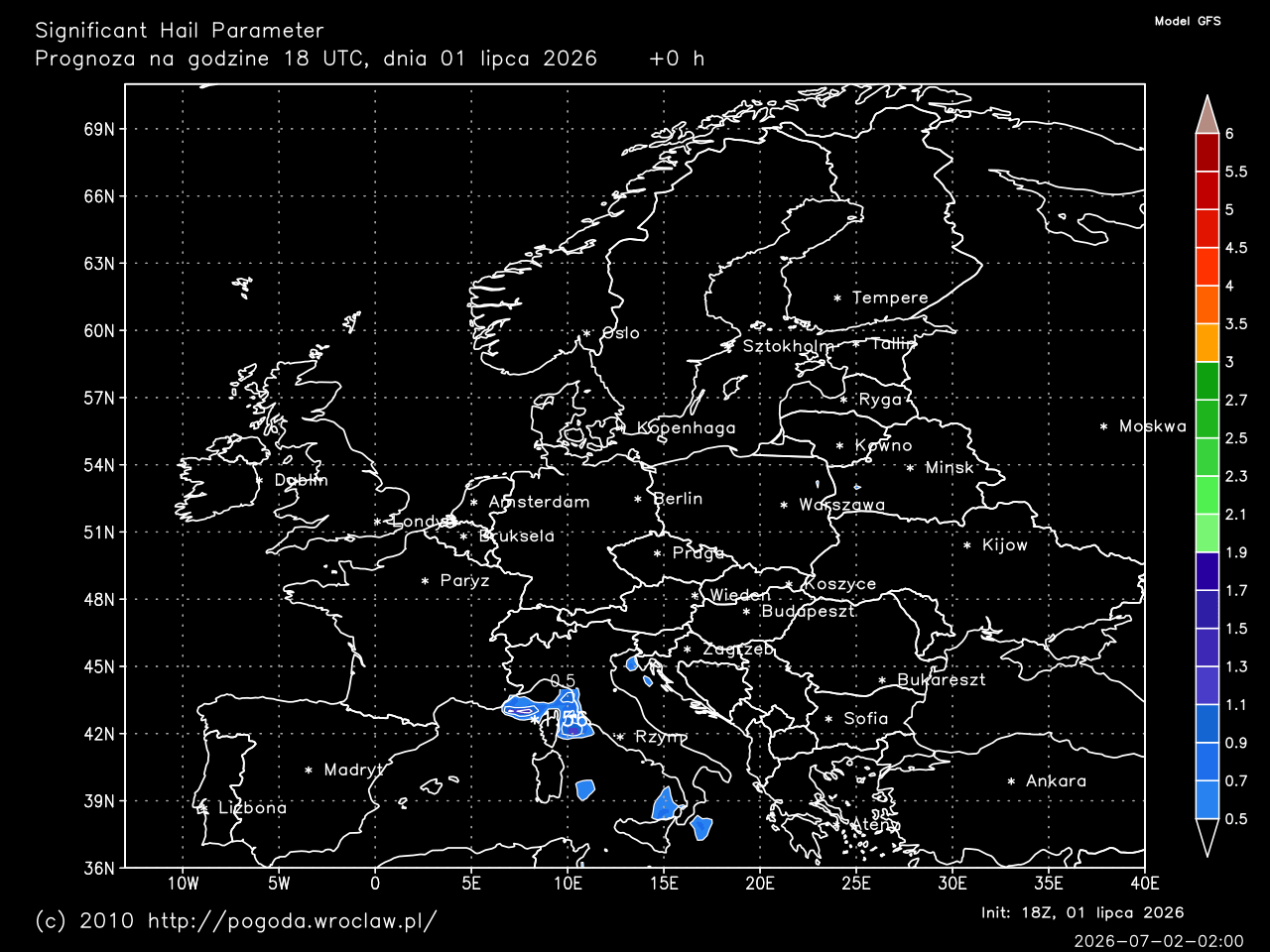 SHIP - Significant Hail Parameter dla wybranej godziny prognozy