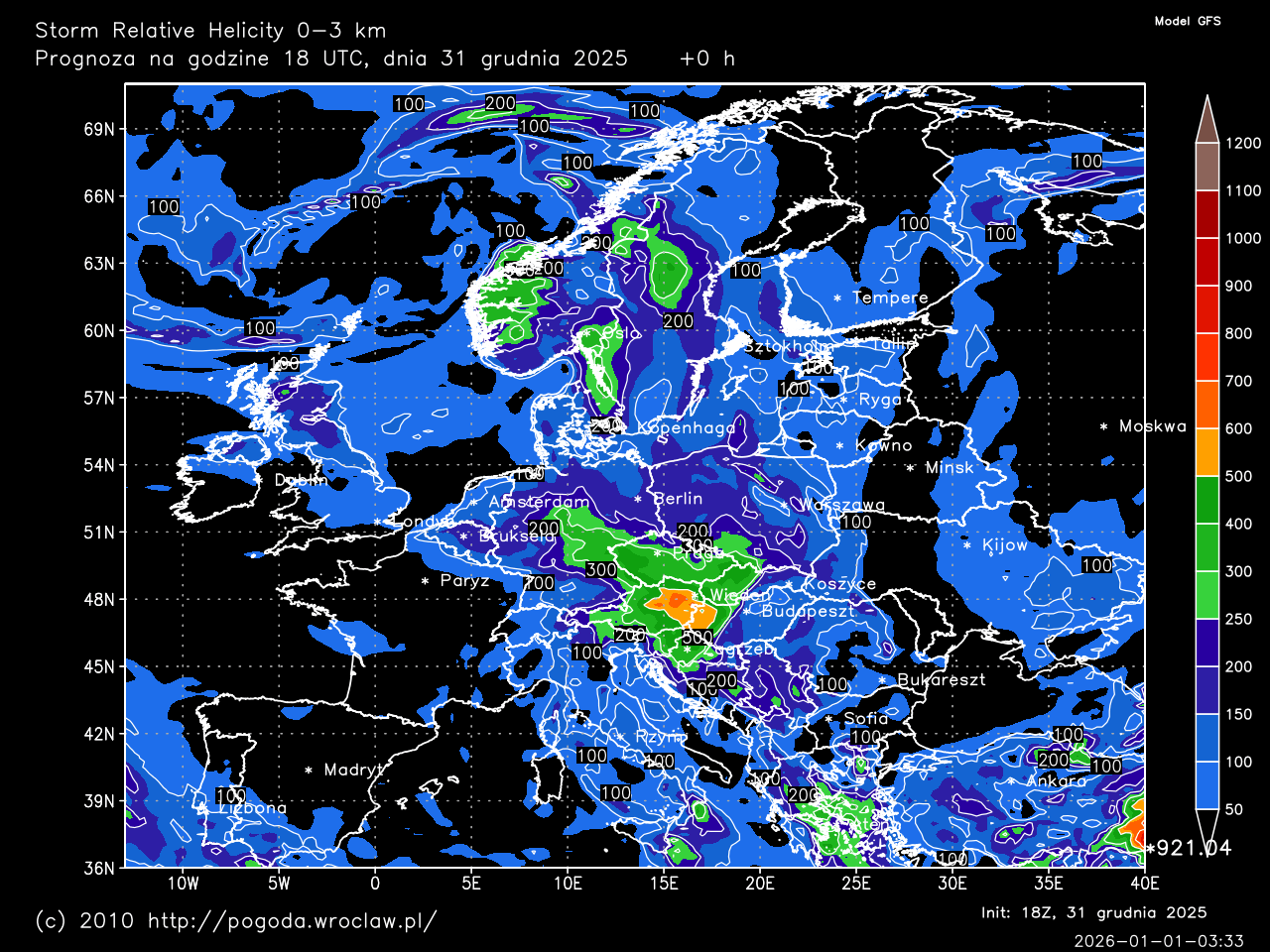 Storm Relative Helicity 0-3 km dla wybranej godziny prognozy