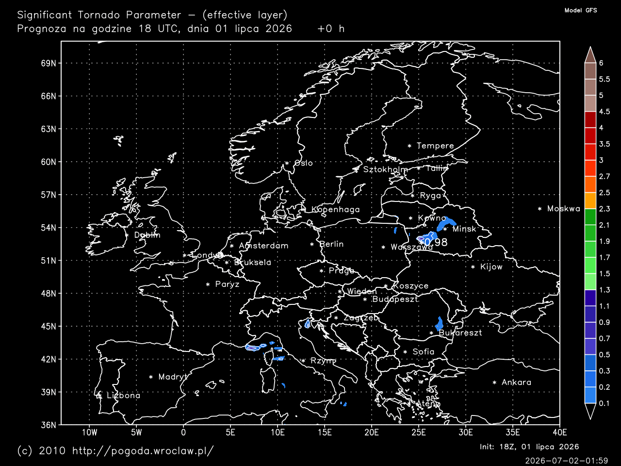 STP - Significant Tornado Parameter (effective layer) dla wybranej godziny prognozy