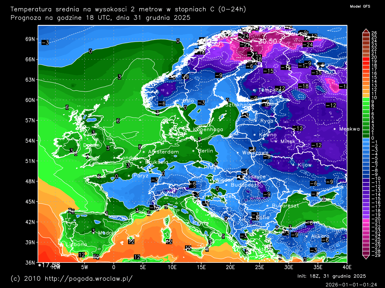 Dobowe temperatury średnie oraz w ciągu następnych 192 godzin w stopniach C