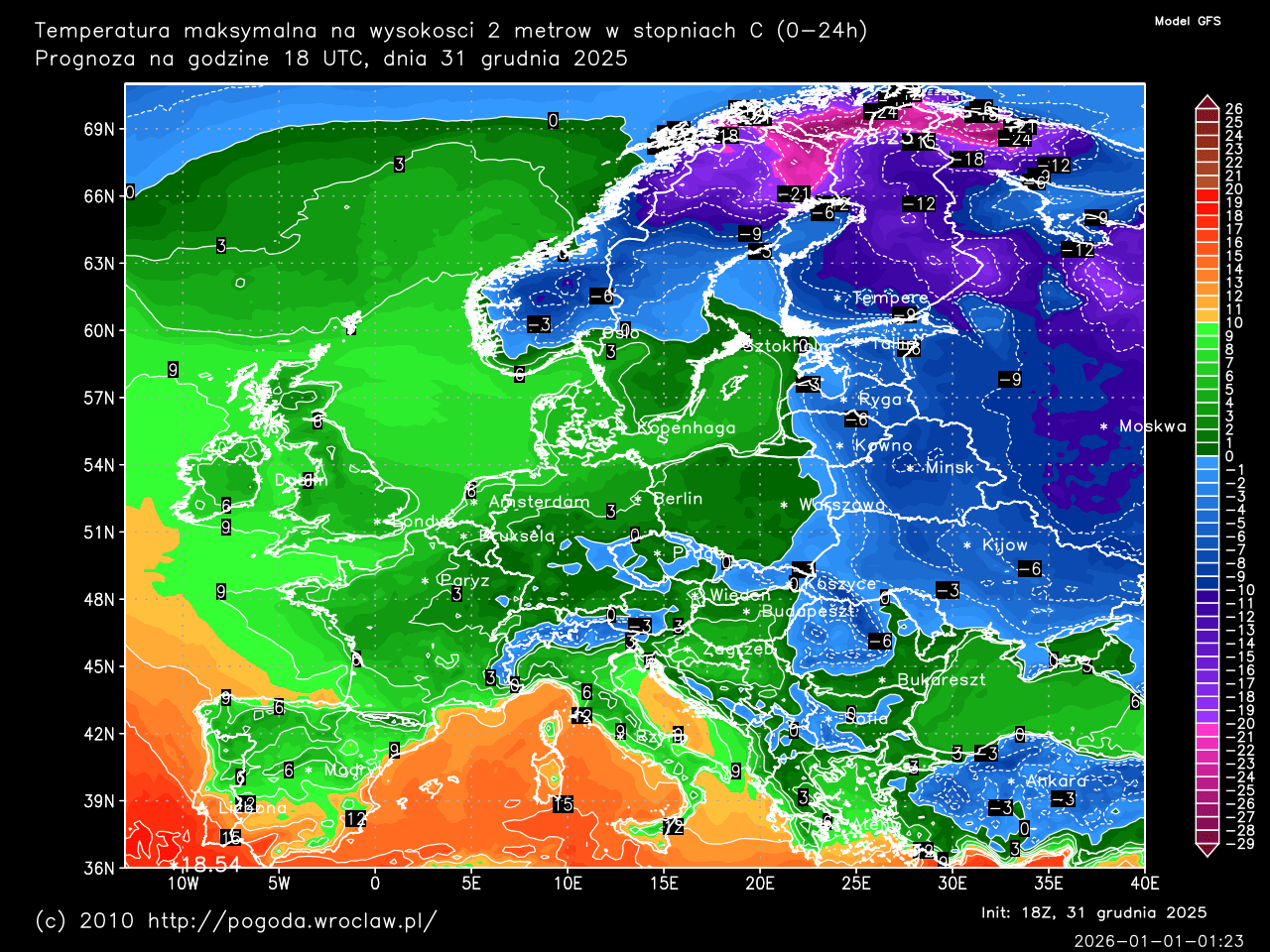 Dobowe temperatury maksymalne oraz w ciągu następnych 192 godzin w stopniach C