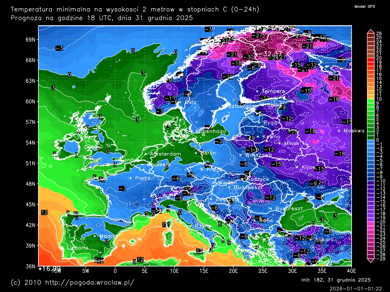 Dobowe temperatury minimalne oraz w ciągu następnych 192 godzin w stopniach C